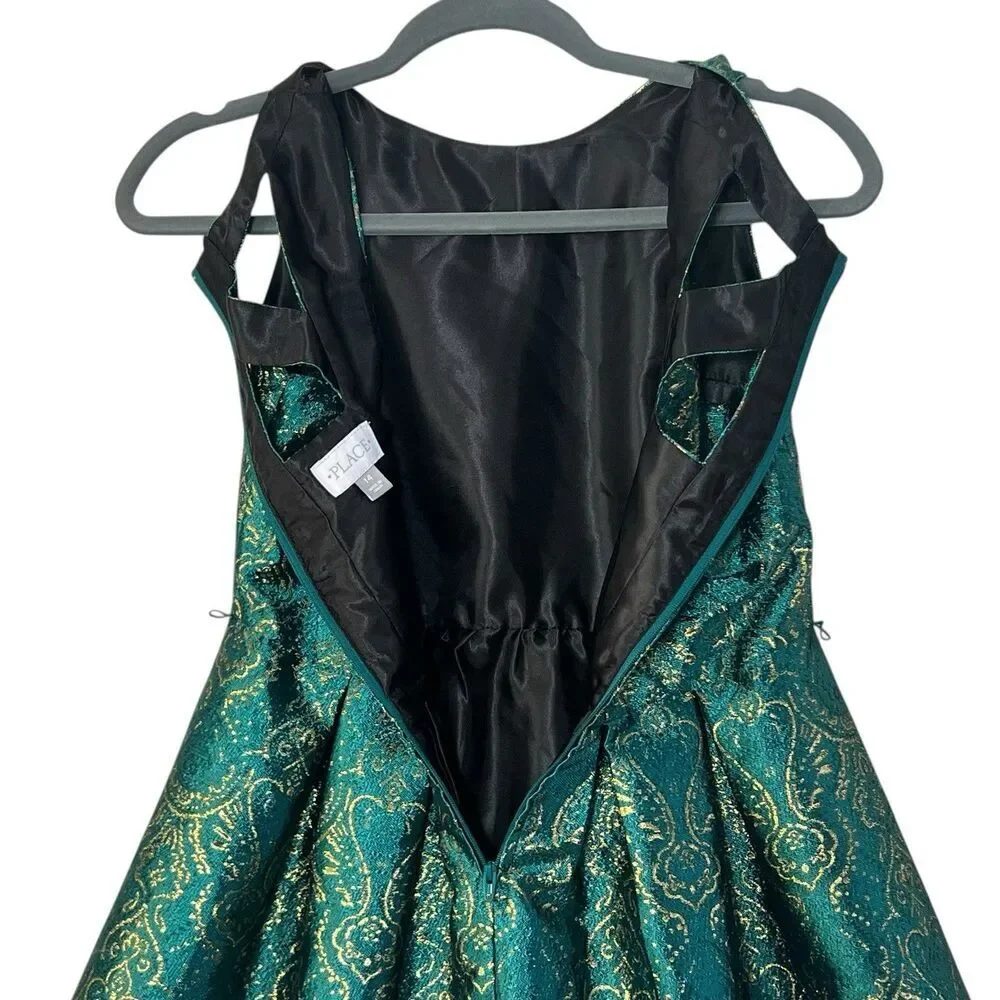 The Children’s Place Girls Dress Size 14 Teal Green Gold Brocade Party Holiday
